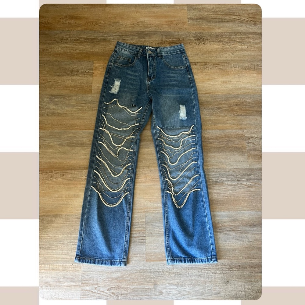 Kiwi Blue Straight Leg Jeans with Distressed Details